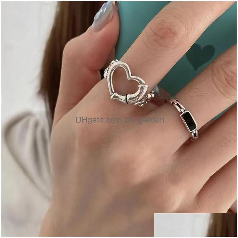 cluster rings korean trendy vintage dripping oil enamel hollow heart metal for women couple jewelry gifts