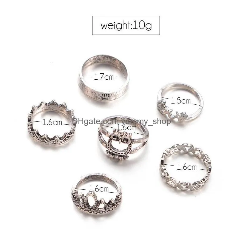 fashion jewelry ancient silver knuckle ring set owl crown love heart rings midi rings set 6pcs/set