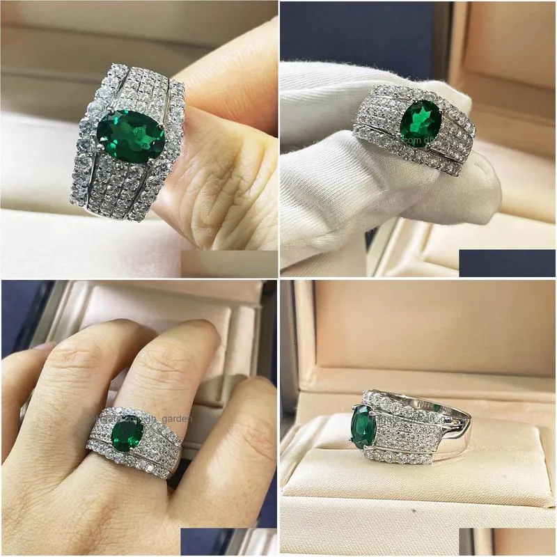 cluster rings gica gema high carbon drill for women 925 sterling silver green diamond 7x9mm oval anniversary wedding fine jewelry