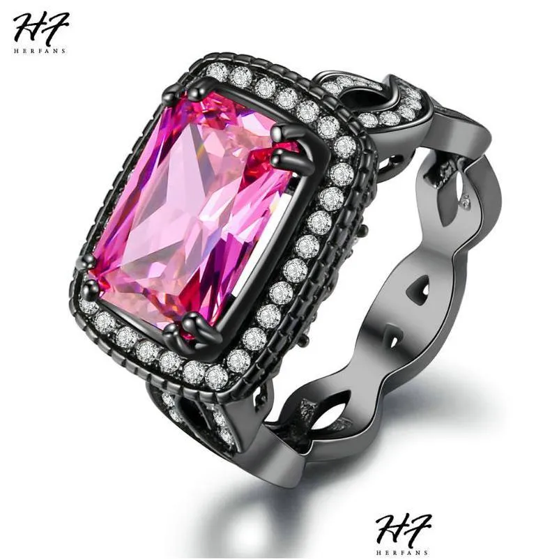 cluster rings luxury fashion square pink cubic zirconia black gold color ring cocktail for women full size sale dd041