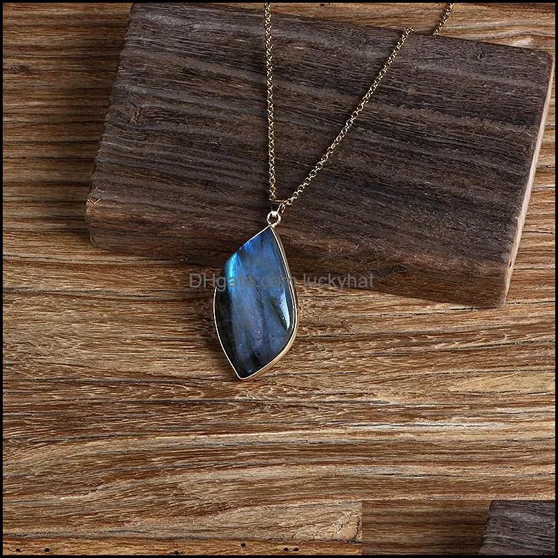 pendant necklaces natural energy labradorite crystal gem mineral leaf shape healing meditation fashion accessories giftpendant