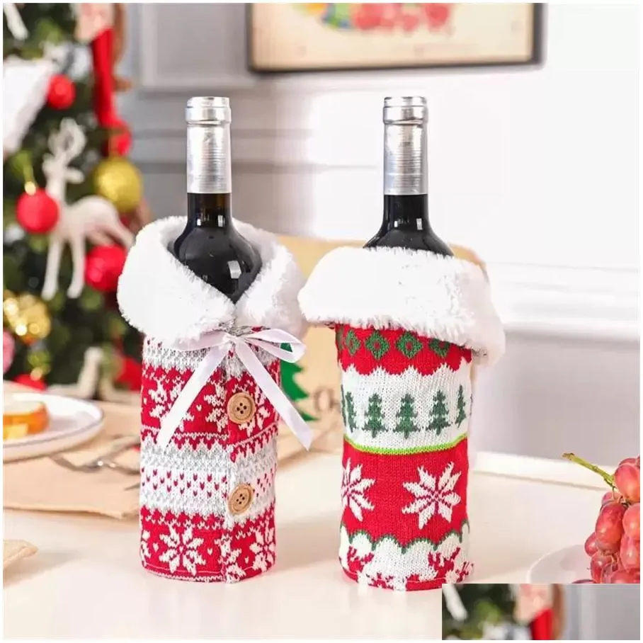 2023 christmas party knit wine bottle covers snowflake tree wines bottles cover with bowknot beer cover year xmas home decoration