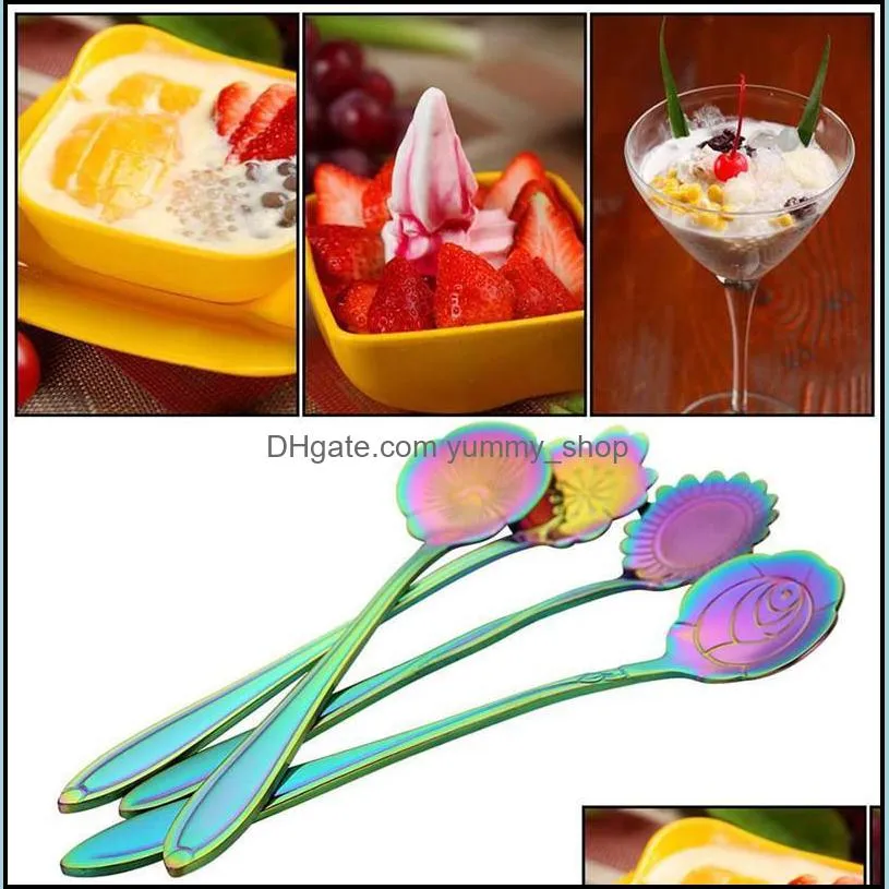 rainbow color coffee tea stir flower spoon ice cream dessert teaspoon spoons cocktail stirring spoon stainless steel tableware kitchen bar cafe