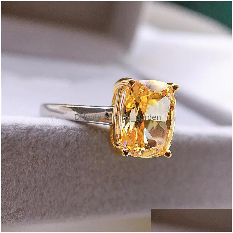 cluster rings high carbon diamond 1ct citrine gemstone solid silver 100 925 fine jewelry couple finger ring for women wholesale