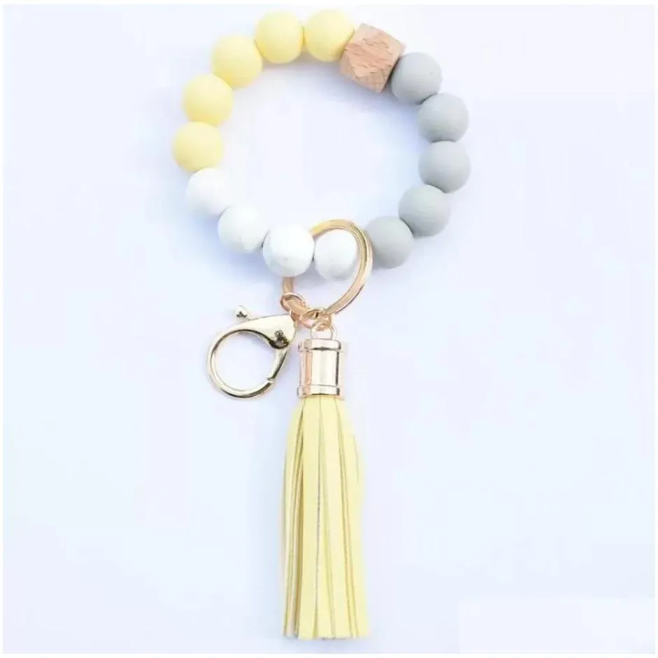 valentines day party favor silicone beaded bangle keychain with tassel for women wristlet key ring bracelet 
