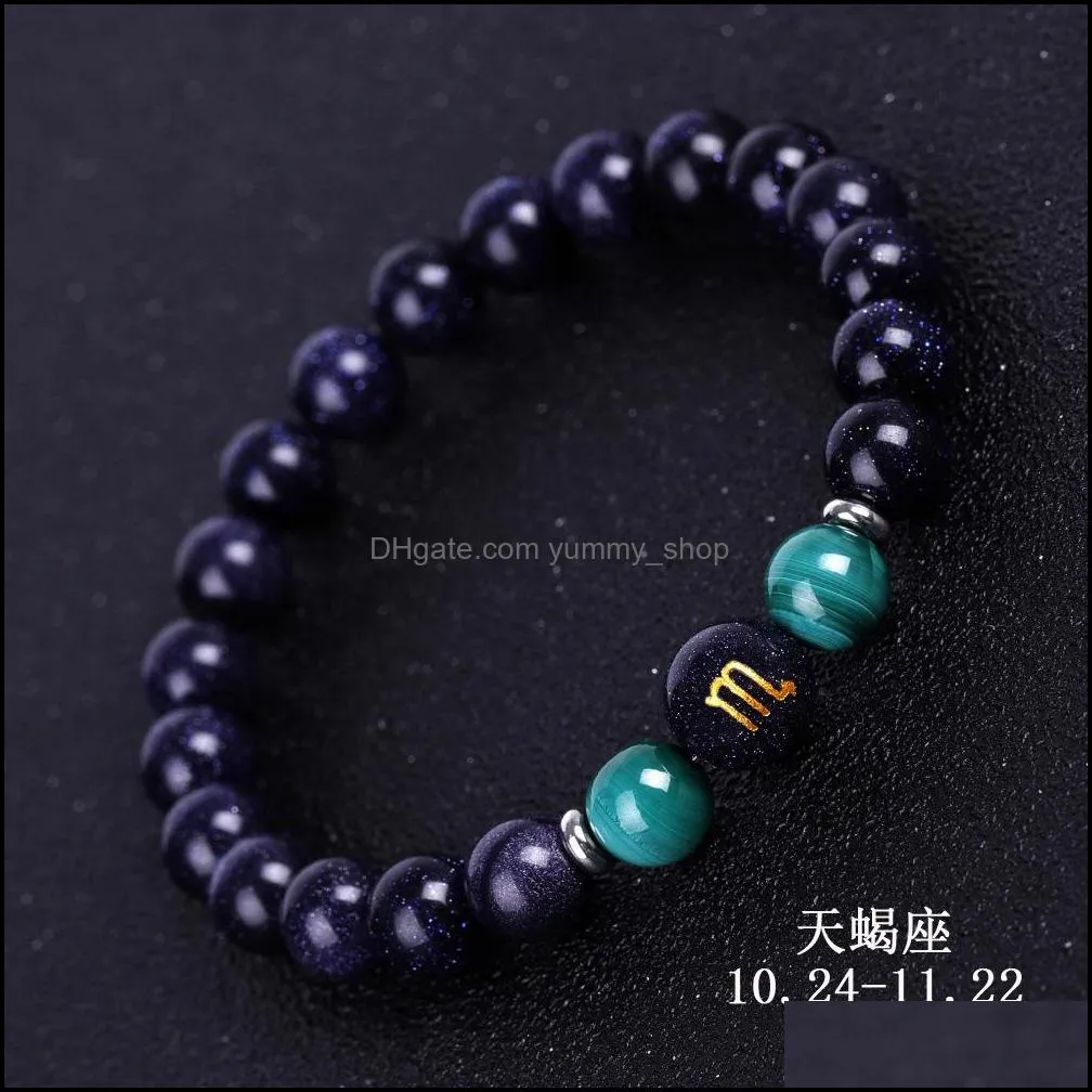 8mm blue sand stone 12 constellation chart strand bracelet for women men malachite amethyst aquamarine healing energy bangle yummyshop