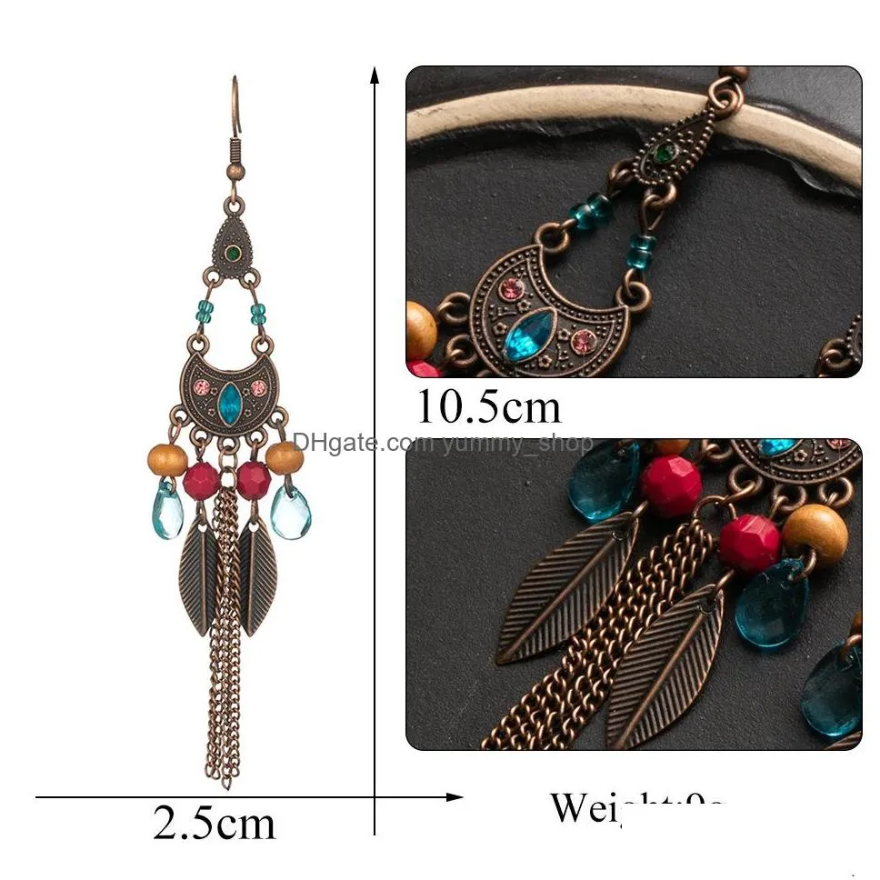 bohemian fashion jewelry retro long chain tassels earrings leaf beads dangle earrings