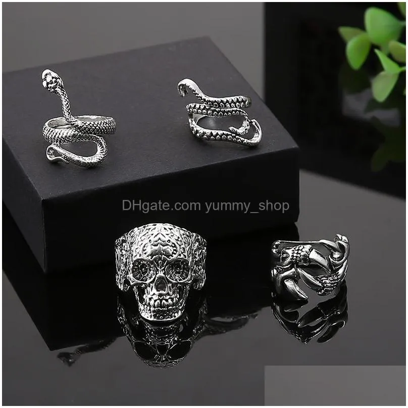 fashion jewelry knuckle ring set retro silver skeleton octopus snake punk stacking rings midi rings sets 4pcs/set