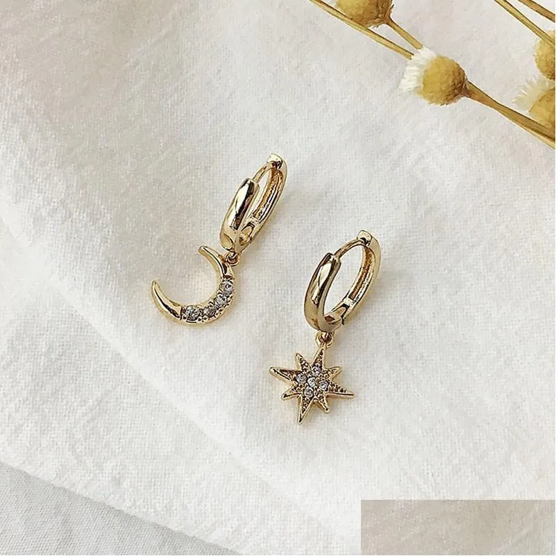 fashion jewelry asymmetry cute rhinstone star moon earrings dangle earring