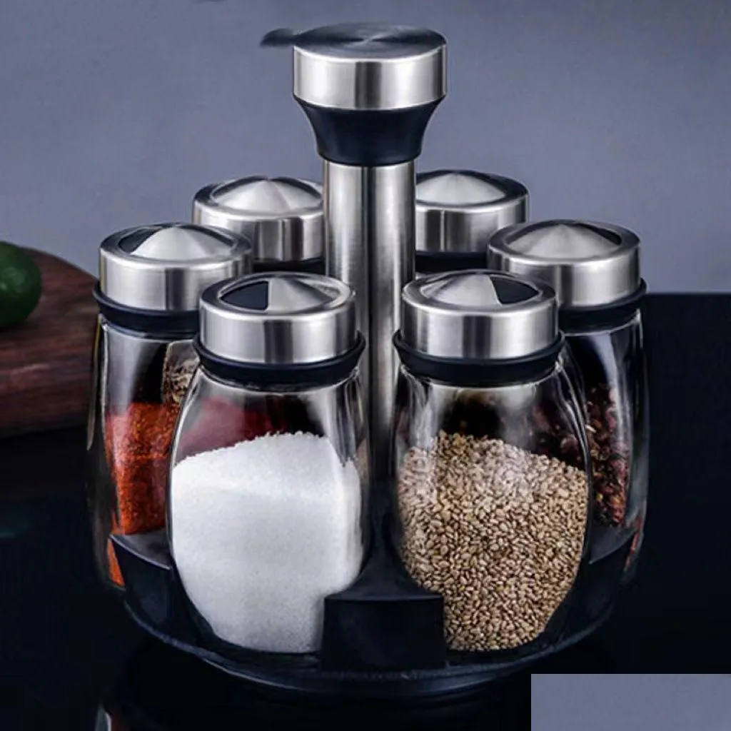 other dinnerware rotating spice jars rack stainless steel glass seasoning condiment cans set pepper salt shaker cruet tool organizer