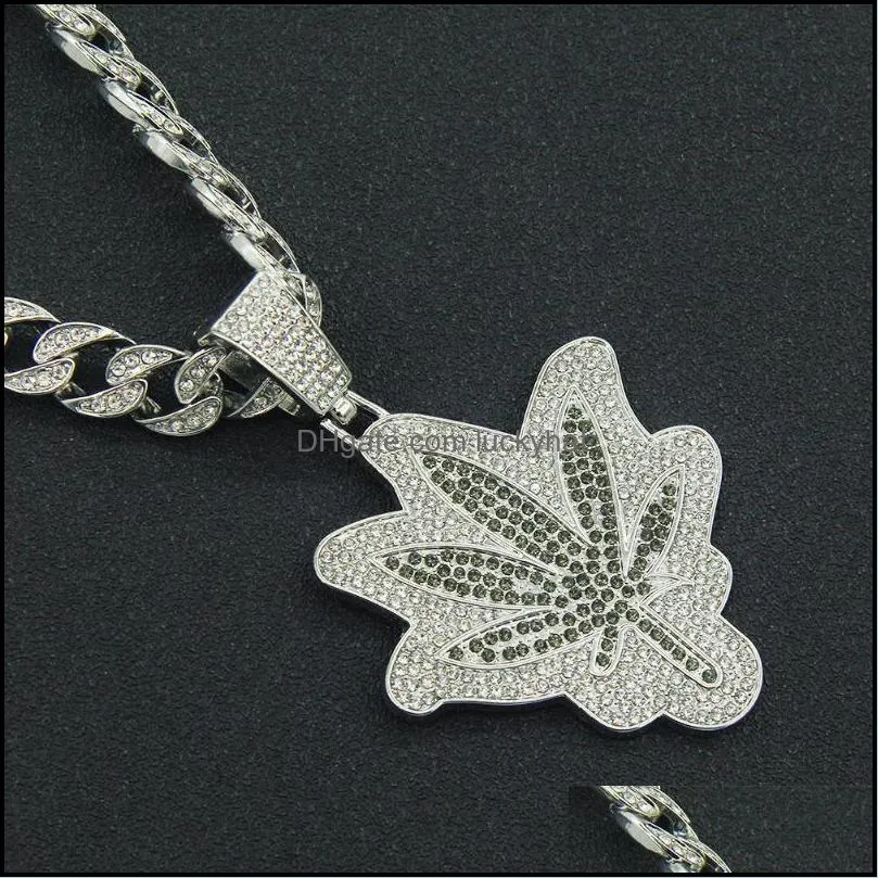 pendant necklaces hip hop iced out cuban chains diamond leaf foliage mens gold chain charm jewelry for men choker gift