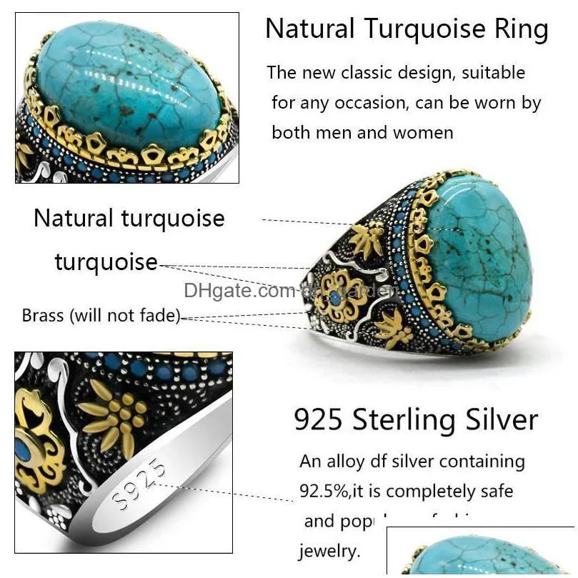 cluster rings brand 925 sterling silver mens natural turquoise ring vintage design with blue cz zircon punk rock male ring t