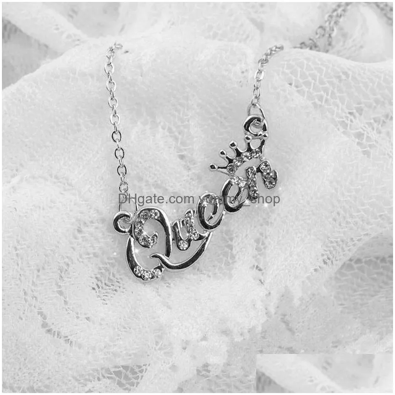 fashion jewelry letter queen pendant necklace rhinstone crown short choker necklaces