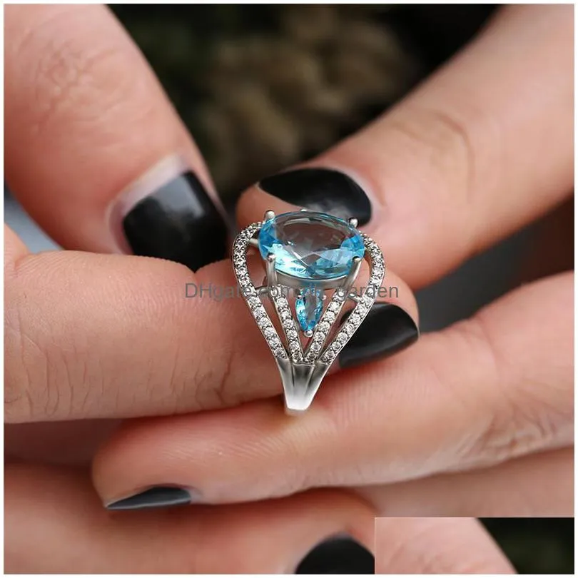 cluster rings vintage blue zircon big for women silver jewelry finger wedding ladies crystal party ring female