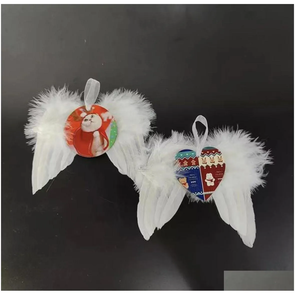 sublimation christmas feather pendant white blank mdf heat transfer decorations 2.8inch round heart double side for sublimating