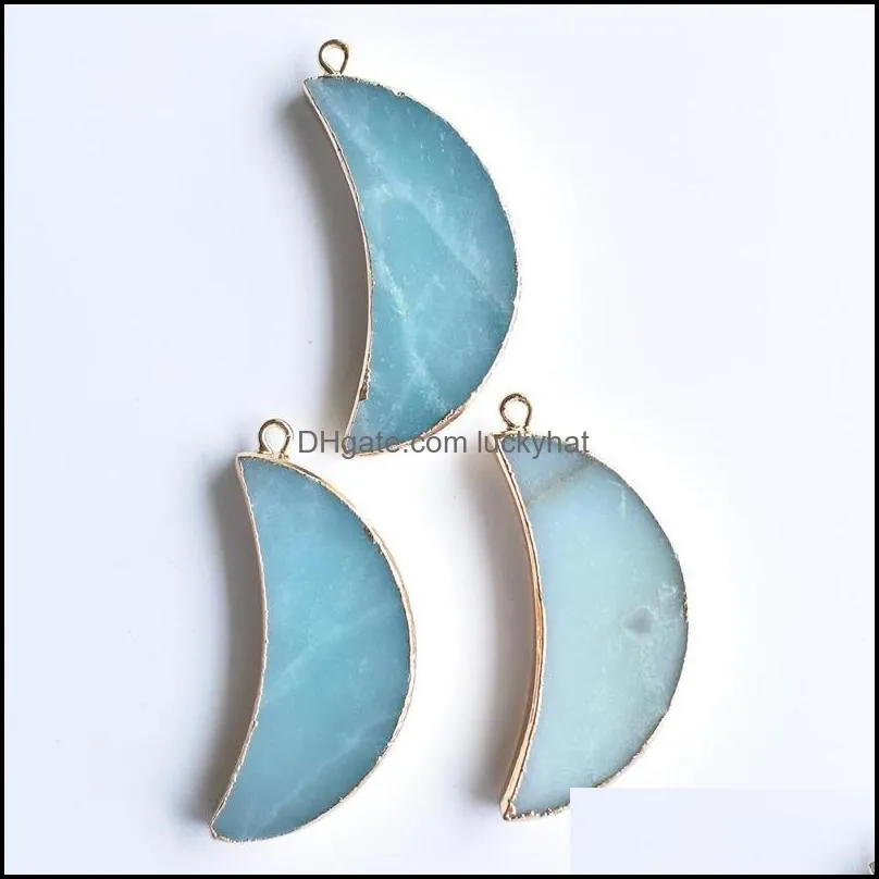 pendant necklaces wholesale 6pcs/lot fashion good quality natural amazonite stone moon shape gold side pendants for jewelry making