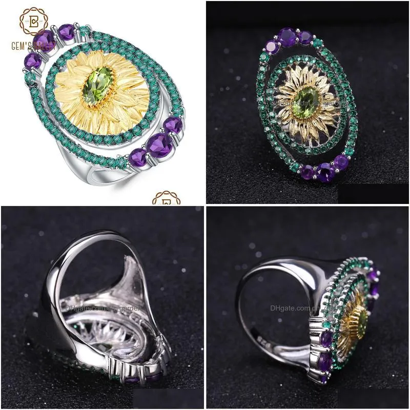 cluster rings gems ballet 0.86ct natural peridot sunflower real 925 sterling silver handmade finger ring for women wedding fine