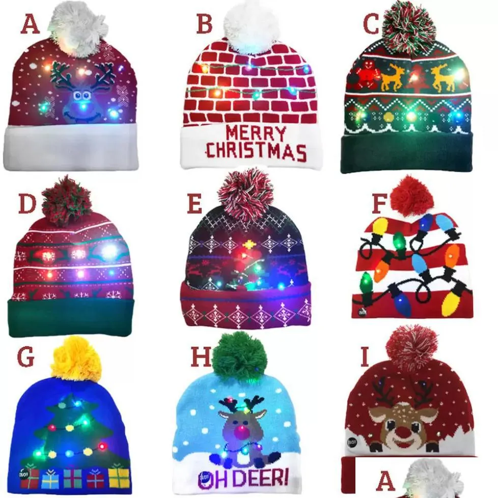 on sale 2022 year led knitted christmas hat beanie light up illuminate warm hat for kids adults year christmas decor gift