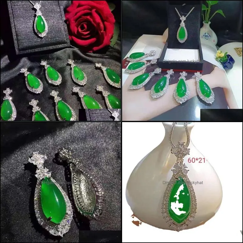 pendant necklaces factory wholesale high green chalcedony diamond droplet type european and americanstyle925silver jewelry