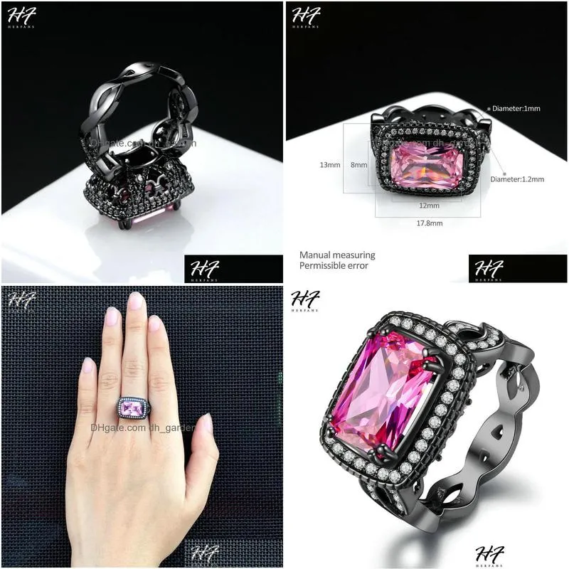 cluster rings luxury fashion square pink cubic zirconia black gold color ring cocktail for women full size sale dd041