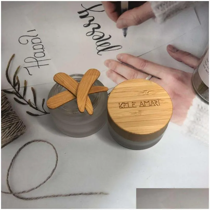 105pcs 50g carving frosted glass cream jar ecofriendly wooden lid bamboo cap cosmetic packaging container skincare mask storage bottles 