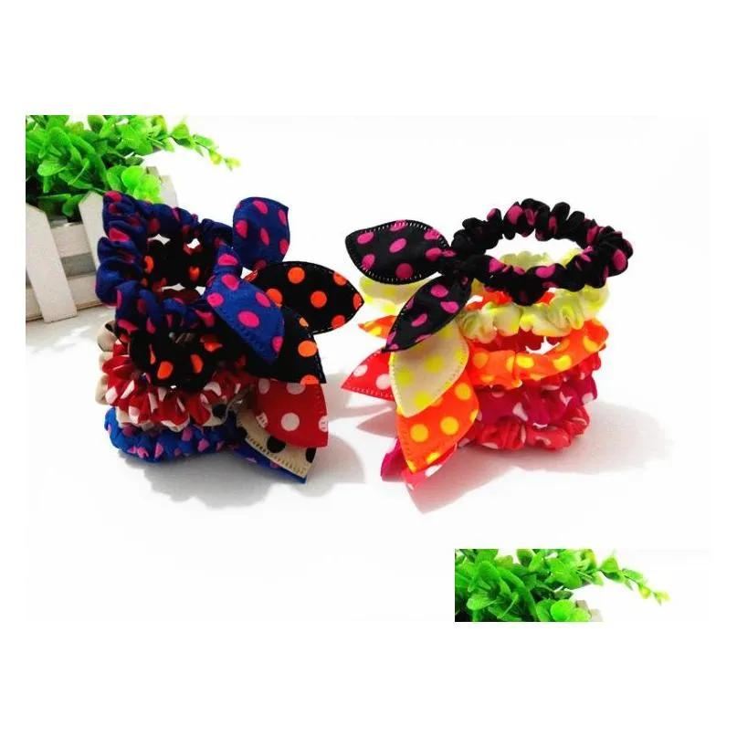 100pcs/lot children women hair band cute polka dot bow rabbit ears headband girl ring scrunchy kids ponytail holder hair accessories