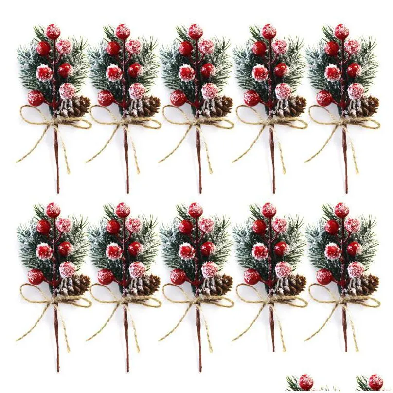 christmas decorations 10pcs artificial pine branch berry holly flower bouquet pick xmas decor ornament