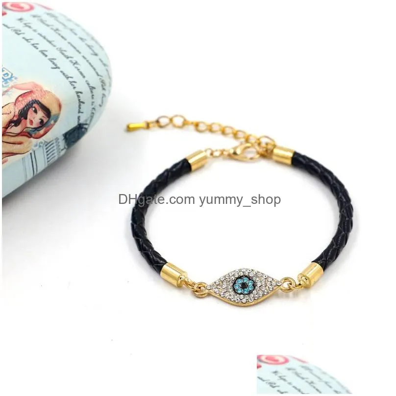 fashion jewelry rhinestone evil eye palm woven leather rope bracelet lovers blue eyes bracelets leather ornaments