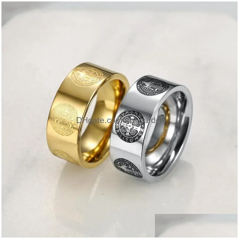 cluster rings gold color catholic jewelry stainless steel st saint benedict ring for men women drop