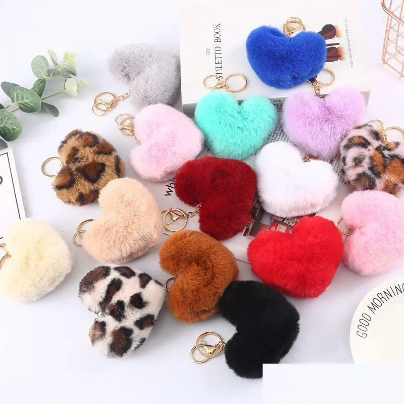 party favor heart keychain ball faux fur fluffy key holder women cute plush key ring love girlfriend brithday gift