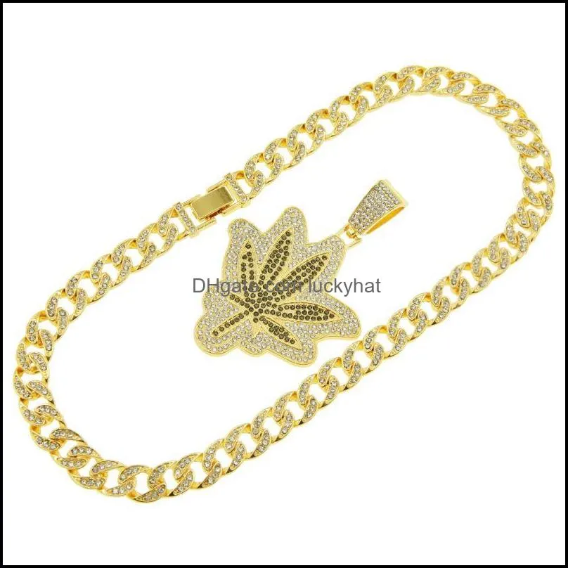 pendant necklaces hip hop iced out cuban chains diamond leaf foliage mens gold chain charm jewelry for men choker gift