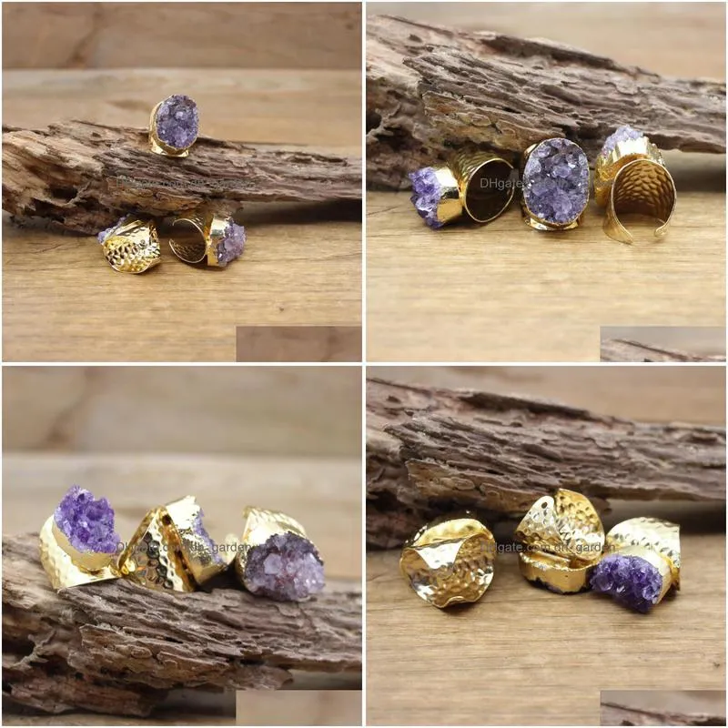 cluster rings irregular amethysts geode golden purple quartz ore druzy drusy adjustable ring fashion men/women jewelry dropship qc4091