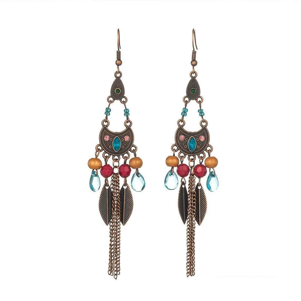 bohemian fashion jewelry retro long chain tassels earrings leaf beads dangle earrings