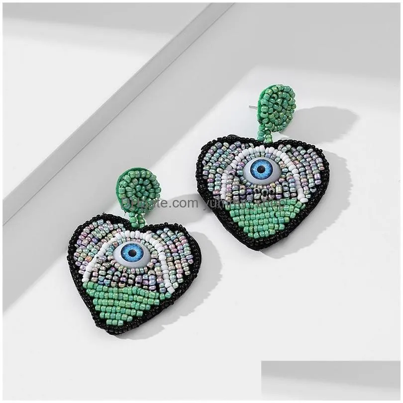 fashion jewelry dangle peach heart evil eye earrings hand woven rice beads blue eyes stud earrings
