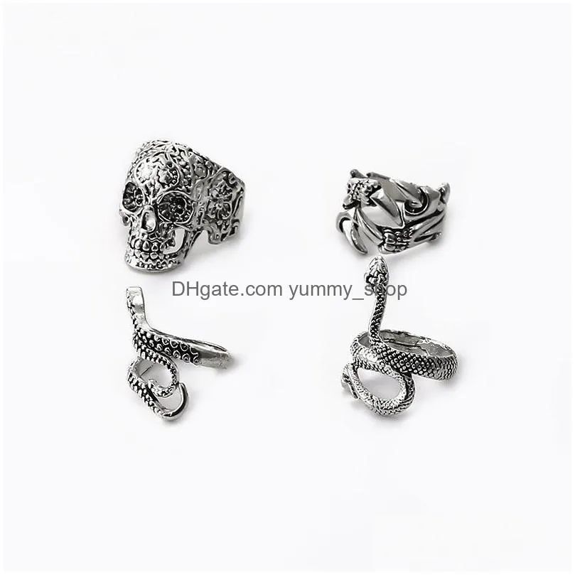 fashion jewelry knuckle ring set retro silver skeleton octopus snake punk stacking rings midi rings sets 4pcs/set