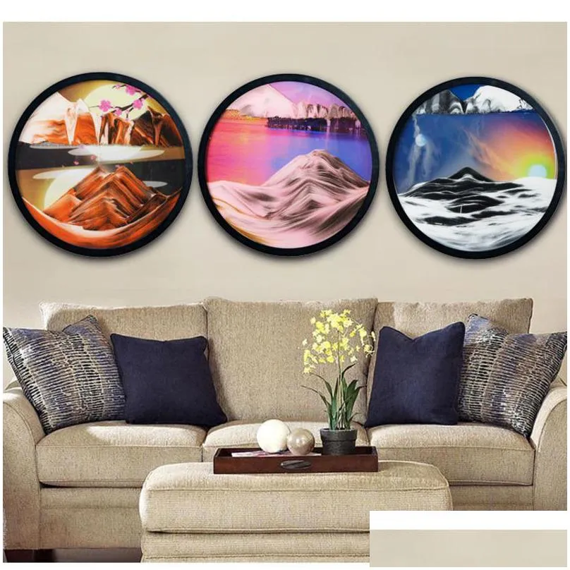 frames 7/12inch wall hanging moving sand painting art picture round glass deep sea sandscape in motion flowing frame