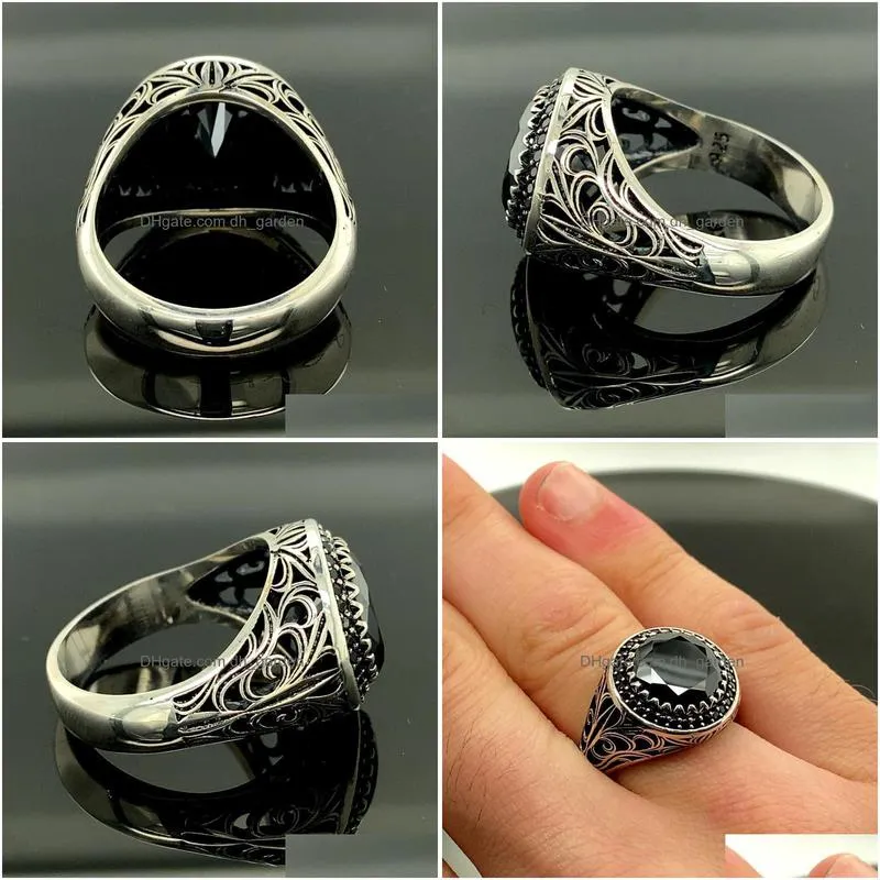 cluster rings silver black stone mens ring handmade inspired by ottoman art.