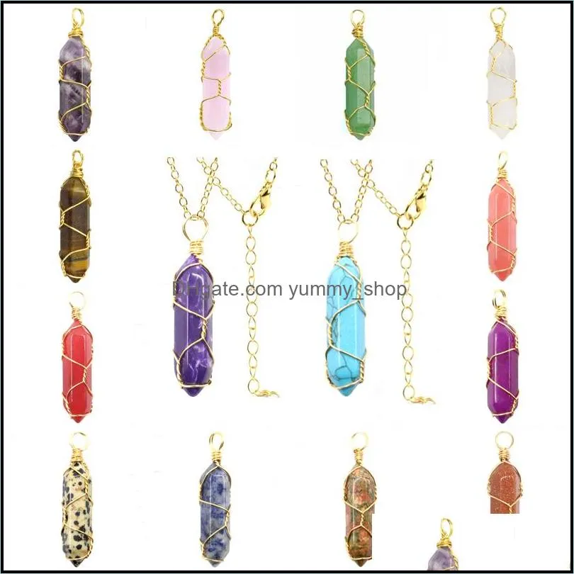 natural stone pendant gold wire wrap crystal necklace hexagonal bullet amethysts pink quartz pendulum chakra healing jewelr yummyshop