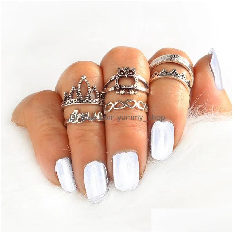 fashion jewelry ancient silver knuckle ring set owl crown love heart rings midi rings set 6pcs/set