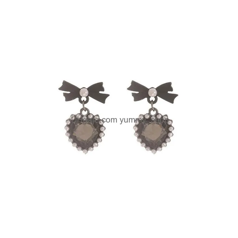 fashion jewelry s925 silver post earrings for women cute black bow heart pearl dangle stud earrings