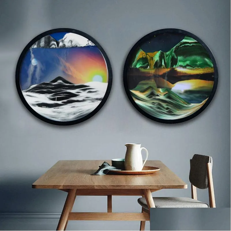 frames 7/12inch wall hanging moving sand painting art picture round glass deep sea sandscape in motion flowing frame
