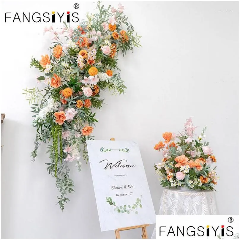 decorative flowers orange artificial flower row arrangement rose wedding decoration party platform arched backdrop centerpiece fake