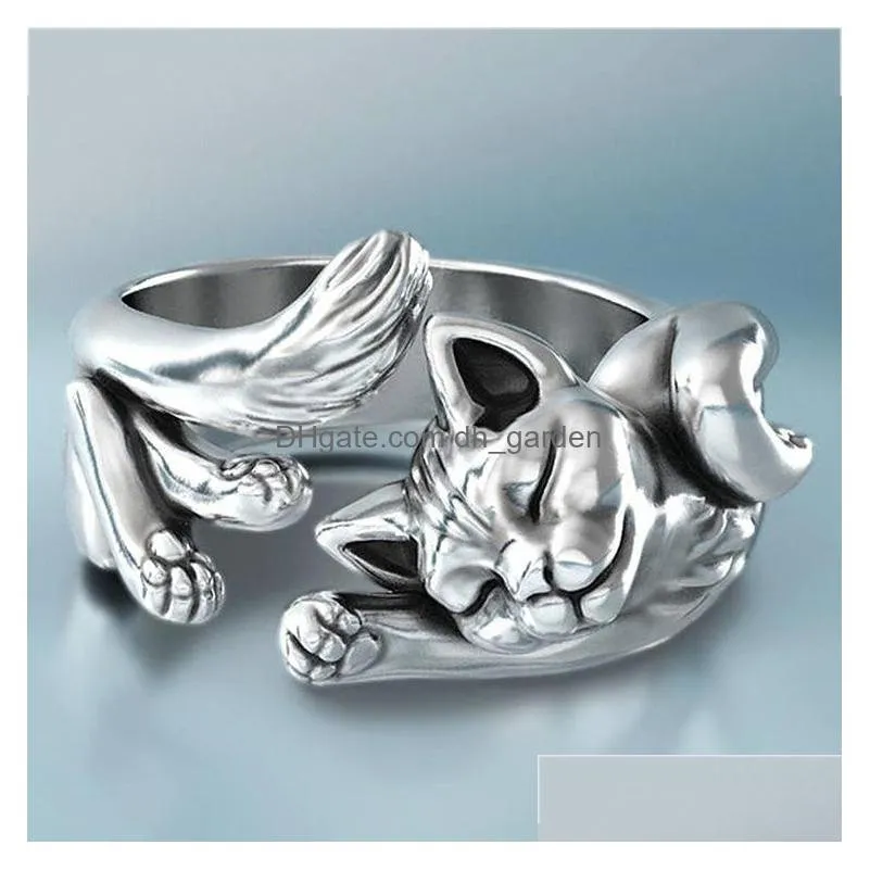 cluster rings vintage silver color sleeping cat ring for men women adjustable punk hip hop party jewelry