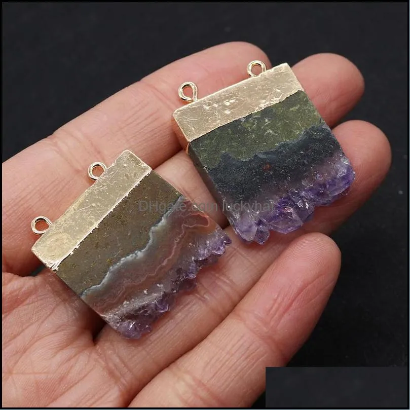 pendant necklaces natural stone fashion irregular shape double hole amethyst gold hanging reiki jewelry earrings necklace