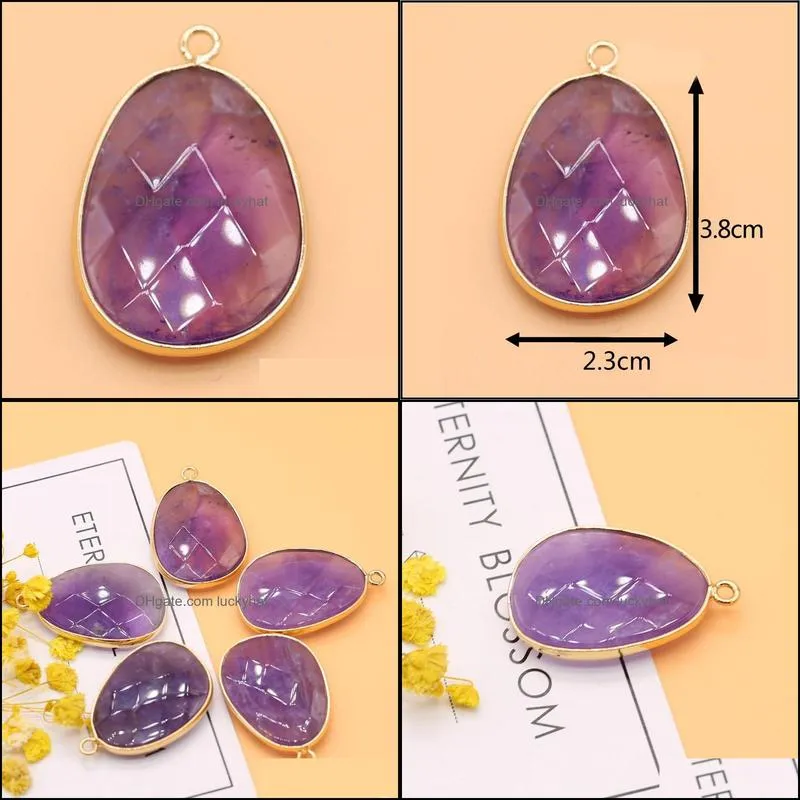 charms natural gem stone amethyst gold plated facets pendant for diy necklace oval cabochon healing charm female jewelrycharms