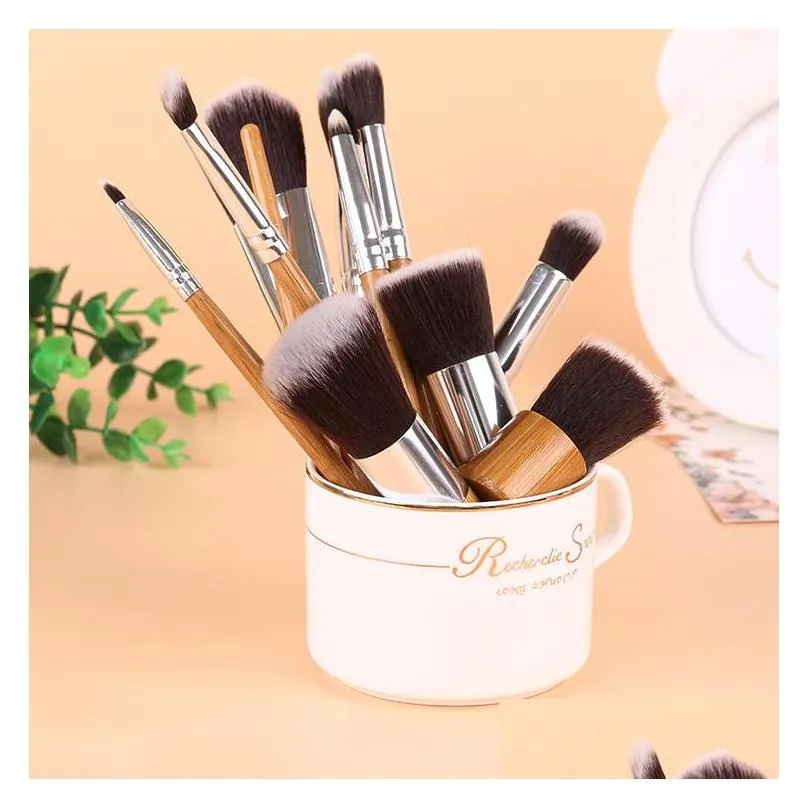 drop 11pcs makeup brushes cosmetics tools natural bamboo handle eyeshadow cosmetic makeup brush set blush soft brushes kit with