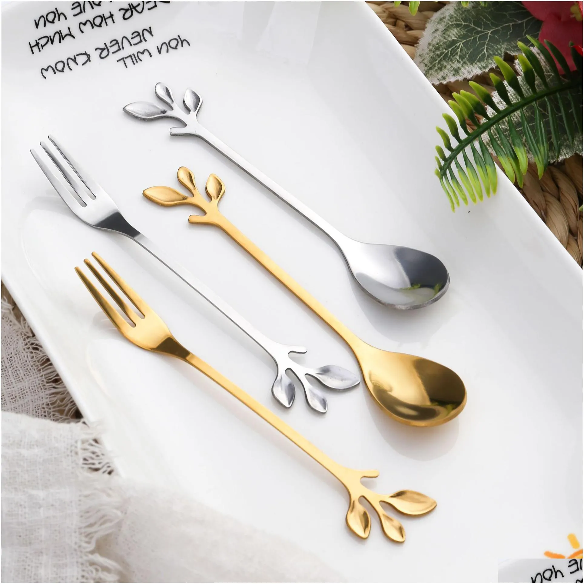 creative personality stainless steel gold spoons tree leaf spoon coffee tea home restaurant dessert cucharas