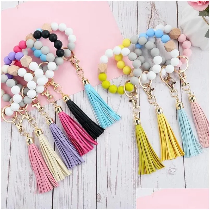 silicone beaded bangle keychain with tassel for women party favor wristlet key ring bracelet dhs