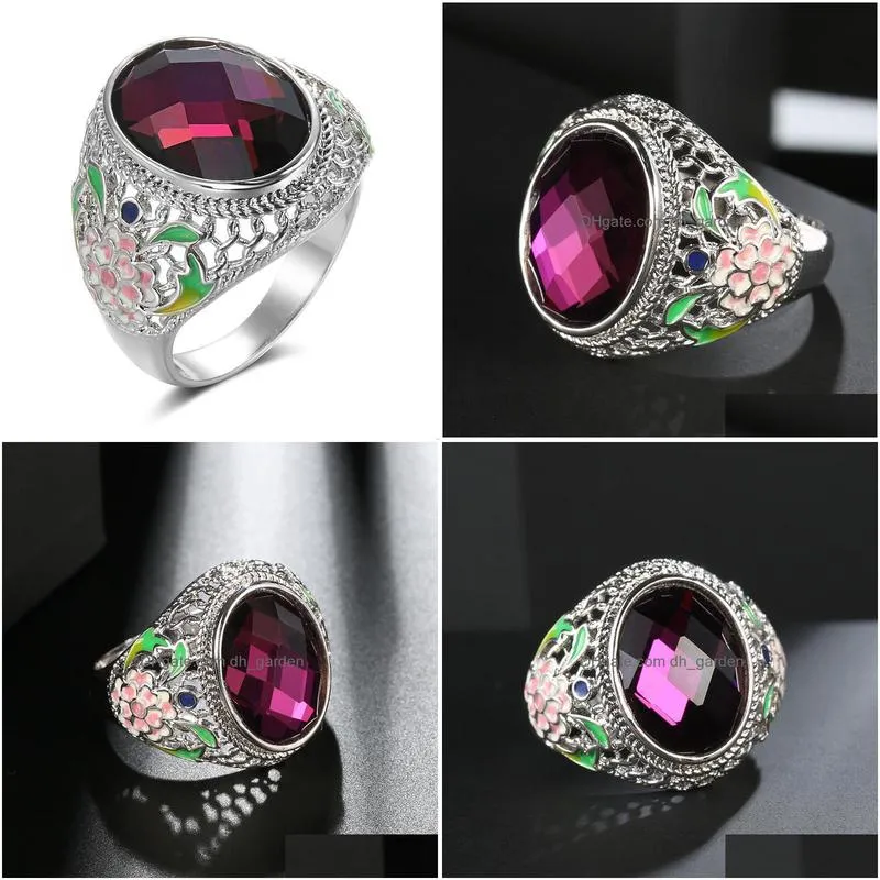cluster rings fashion chunky purple stone hollow flower enameling pattern statement for women girl wedding jewelry