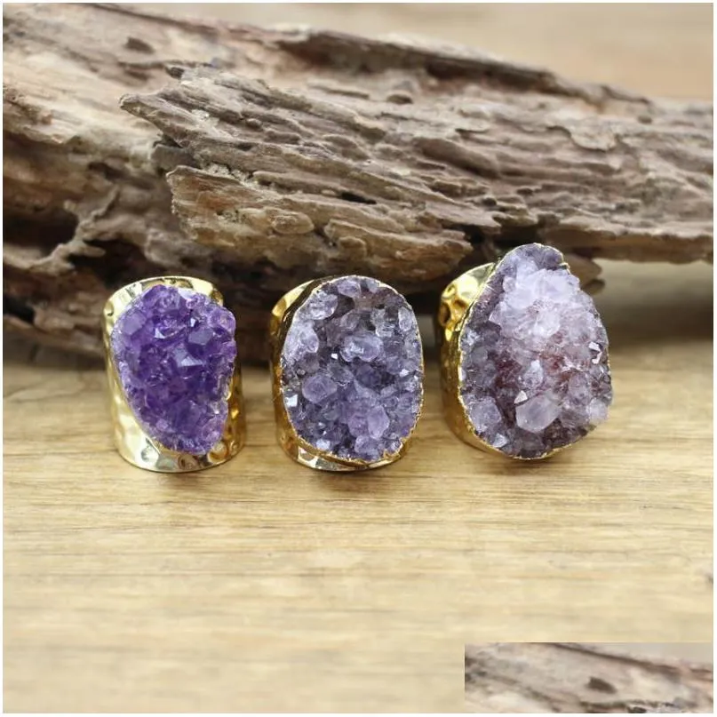 cluster rings irregular amethysts geode golden purple quartz ore druzy drusy adjustable ring fashion men/women jewelry dropship qc4091